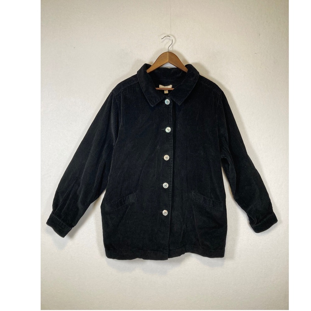 Dark‎ Academia Woman Within Womens 1X Black Corduroy Button Front Shacket Jacket